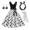 Damen A-Linie Rockabilly-Kleid Polka Dots Swing-Kleid Schlagkleid mit Zubehör-Set 1950er 60er Jahre Retro Vintage mit Stirnband Chiffon-Schal Ohrringe Katzenbrille Sonnenbrille 6-tlg