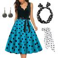 Damen A-Linie Rockabilly-Kleid Polka Dots Swing-Kleid Schlagkleid mit Zubehör-Set 1950er 60er Jahre Retro Vintage mit Stirnband Chiffon-Schal Ohrringe Katzenbrille Sonnenbrille 6-tlg
