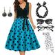 Damen A-Linie Rockabilly-Kleid Polka Dots Swing-Kleid Schlagkleid mit Zubehör-Set 1950er 60er Jahre Retro Vintage mit Stirnband Chiffon-Schal Ohrringe Katzenbrille Sonnenbrille 6-tlg