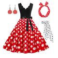 Damen A-Linie Rockabilly-Kleid Polka Dots Swing-Kleid Schlagkleid mit Zubehör-Set 1950er 60er Jahre Retro Vintage mit Stirnband Chiffon-Schal Ohrringe Katzenbrille Sonnenbrille 6-tlg