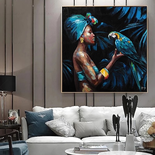 Großes handgemachtes afrikanisches Frauengemälde, handgemaltes Ölgemälde, Wandkunst, nordischer Papagei, afrikanische Frau, Leinwand, abstrakte Malerei, Wandkunst, Bilder, Heimdekoration, gerollte Image