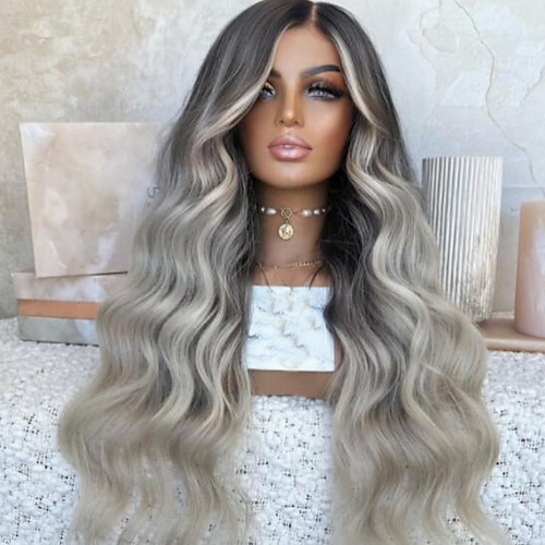 Unbehandeltes Echthaar 13x4 Spitzenfront Perücke Stufenschnitt Brasilianisches Haar Gewellt Mehrfarbig Perücke 130% 150% Haardichte Hervorgehobenes / Balayage-Haar 100% Unbehandelt Kleberfrei Für Image