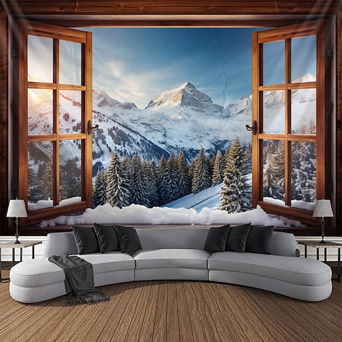 Fenster Schnee Berg hängende Wandteppich Kunst große Wandteppich Wanddekor Foto Hintergrund Decke Vorhang Zuhause Schlafzimmer Wohnzimmer Dekoration Wandtuch XXL Natur Image
