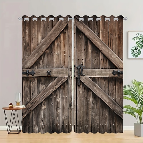Verdunkelungsvorhänge, Bauernhaus-Ösen, Scheunenholztür-Vorhangpaneele für Wohnzimmer, Schlafzimmer, Tür, Küche, Fenster, Behandlungen, thermisch isolierte Raumverdunkelung Image