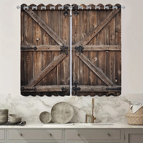 Verdunkelungsvorhänge, Bauernhaus-Ösen, Scheunenholztür-Vorhangpaneele für Wohnzimmer, Schlafzimmer, Tür, Küche, Fenster, Behandlungen, thermisch isolierte Raumverdunkelung Image
