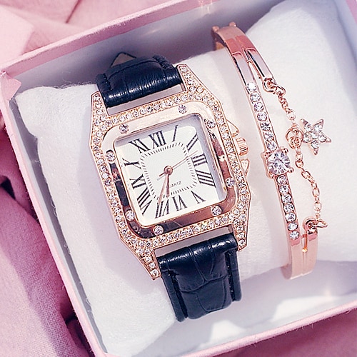 Quarz-Uhren Valentinstagsgeschenk für Frauen Damen Analog Diamant Uhr Sternenhimmel quadratisches Zifferblatt Armbandset Damen Lederband Armbanduhr Damen Uhr