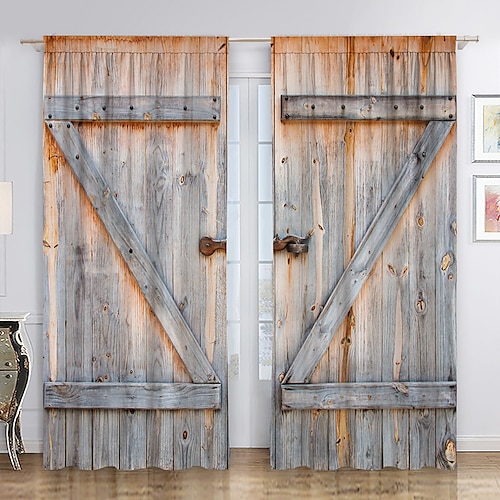 Verdunkelungsvorhänge, Bauernhaus-Ösen, Scheunenholztür-Vorhangpaneele für Wohnzimmer, Schlafzimmer, Tür, Küche, Fenster, Behandlungen, thermisch isolierte Raumverdunkelung Image