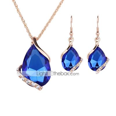 Schmuckset Tropfen-Ohrringe For Damen Saphir Kristall Party Hochzeit Täglich Rosegold Krystall Strass Birne Solitär Tropfen Rot Blau Grün / Anhänger Halskette / Halskette / Ohrringe / Valentinstag Image