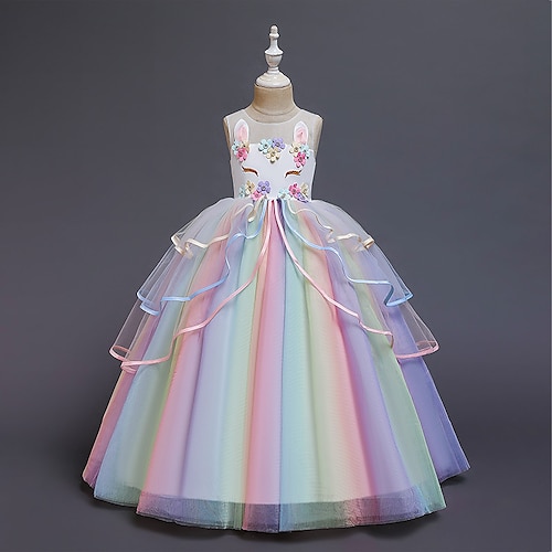 Kinder Mädchen Kleid Farbblock Regenbogen ärmellos Party süß Polyester Maxi Tüll Kleid Sommer Frühling 3-12 Jahre hellrosa weiß elfenbein Image