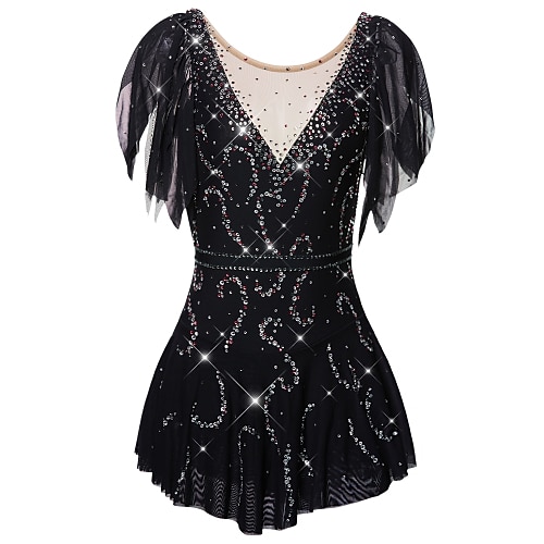 Eiskunstlaufkleid Damen Mädchen Eislaufen Kleider Austattungen Violett Schwarz Weiß Rückenfrei Elasthan Elastisches Garn Hochelastisch Ausbildung Wettbewerb Eiskunstlaufkleidung Handgemacht Einfarbig Image