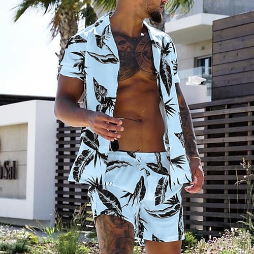 Herren Blätter Tropische Pflanzen 2St Hemden-Sets Sommer Hawaiihemd Kurzarm Kurze Hosen Umlegekragen Mode Hawaiianisch Designer Urlaub Lässig Täglich Button-Down Frühling Sommer Weiß Gelb Rosa Image