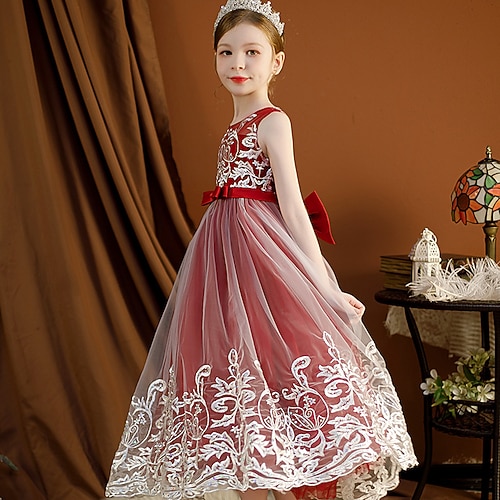 kinderkleidung Mädchen Kleid Blume Ärmellos Hochzeit Taufkleid Prinzessin Polyester Kleid mit Blumenstickerei Blumenmädchenkleid Sommer 4-13 Jahre Dunkelviolett Melonen-Rot Bohnen Paste Image