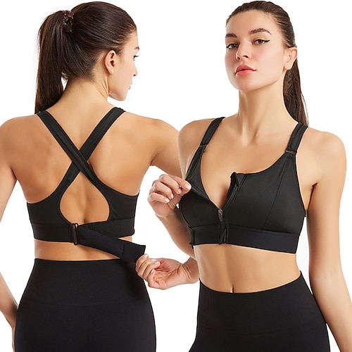 Damen Hohe Unterstützung Sport Bustier bh Sport-BH Bustier mit am Rücken überkreuzten Trägern Reißverschluss vorne BH-Oberteil Gefüttert Yoga Fitness Fitnesstraining Einstellbar Atmungsaktiv Image