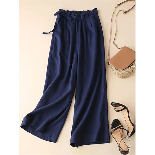 Damen Weites Bein Abgeschnittene Hose Urlaub Vintage Lässig Knöchellang Hohe Taille Einfarbig Kordelzug Elastischer Bund Bequem Atmungsaktiv Mikroelastisch Täglich Outdoor Straße Armeegrün Maroon Red Image