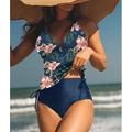 Damen Badeanzug Tankini 2 Stück Normal Bademode Hoch tailliert Blumenmuster Blätter Blatt Blumen Grün Blau Gefüttert V-Wire Ausschnitt Badeanzüge Sport Urlaub Sexy / neu