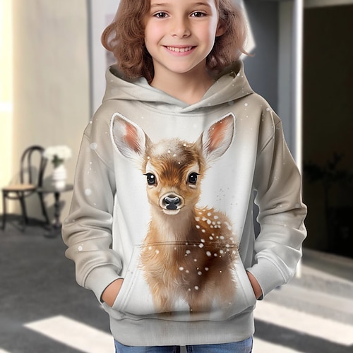 Mädchen 3D Tier Karikatur Hirsch Weihnachts-Kapuzenshirt Kapuzenshirt Pullover Langarm 3D-Druck Herbst Winter Aktiv Modisch Kuschelig kinderkleidung 3-12 Jahre Outdoor Casual Täglich Regular Fit Image