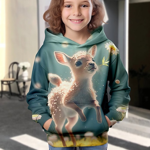 Mädchen 3D Tier Karikatur Hirsch Weihnachts-Kapuzenshirt Kapuzenshirt Pullover Langarm 3D-Druck Herbst Winter Aktiv Modisch Kuschelig kinderkleidung 3-12 Jahre Outdoor Casual Täglich Regular Fit Image