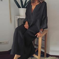 Damen Schwarz Weiß Gelb Frühling Herbst Winter Maxikleid Leinen-inspirierte Kleider Weißes Kleid Hemdblusenkleid Lässig Winterkleid Urlaub Täglich Lässiger Schnitt Einfach Einfarbig V Ausschnitt