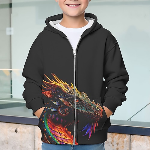 Jungen 3D Tier Dinosaurier Kapuzenshirt Mantel Oberbekleidung Langarm 3D-Druck Herbst Winter Modisch Strassenmode Cool kinderkleidung 3-12 Jahre Outdoor Casual Täglich Regular Fit Image