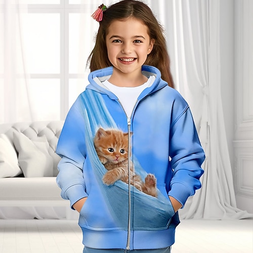Mädchen 3D Katze Kapuzenshirt Mantel Oberbekleidung Langarm 3D-Druck Herbst Winter Aktiv Modisch Kuschelig Polyester kinderkleidung 3-12 Jahre Outdoor Casual Täglich Regular Fit Image