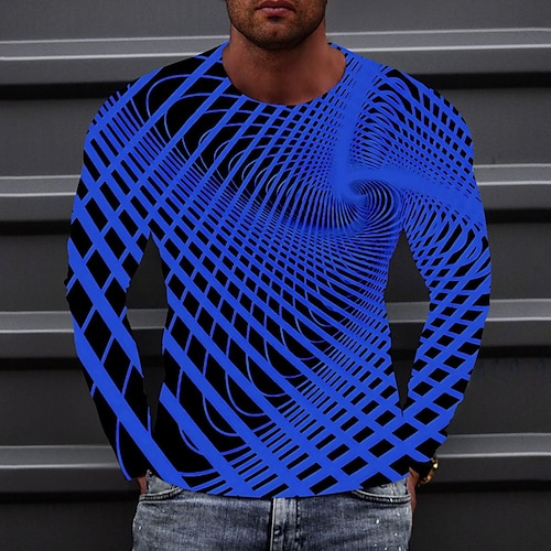 Herren Optische Täuschung Grafikdrucke T Shirt Langarm T-Shirt 3D-Druck Rundhalsausschnitt Hemd Sport Designer Basic Täglich Outdoor Straße Blau A B Frühling Herbst Bekleidung S M L XL XXL 3XL 4XL Image