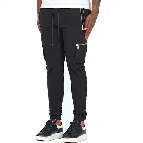 Herren Cargo-Hosen Hose Elastischer Bund Klassisch Reißverschlusstasche Einfach Komfort Weich Volle Länge Täglich Sport Stilvoll Armeegrün Schwarz Mikroelastisch Image