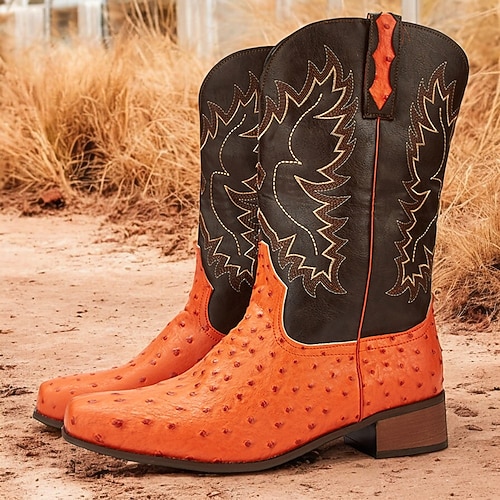 Herren Stiefel Cowboystiefel Stickerei Retro Vintage Outdoor Täglich PU Leder Wasserdicht Bequem Rutschfest Mittelstiefel Slipper Schwarz Braun Kaffee Farbblock Sommer Frühling Herbst Image