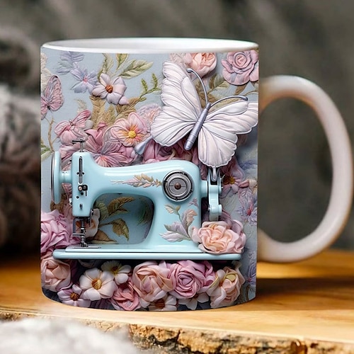 3D-Nähtasse, 3D-Blumennähmaschine, 3D-Nähmaschinenbecher, Keramik-Kaffeetasse, 3D-Kaffeebecherverpackung, Nähgeschenk für Frauen, Weihnachtsgeschenk Image