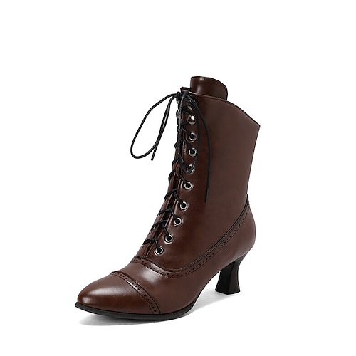 Damenstiefeletten im viktorianischen Stil zum Schnüren – Stiefeletten mit Absatz aus Retro-Kunstleder für Cosplay, Partys und den Alltag Image