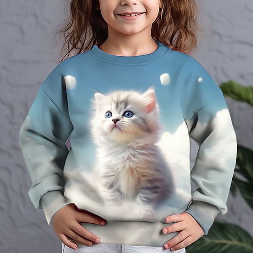 Mädchen 3D Graphic Tier Katze Pullover Langarm 3D-Druck Sommer Herbst Modisch Strassenmode bezaubernd kinderkleidung 3-12 Jahre Outdoor Casual Täglich Regular Fit Image