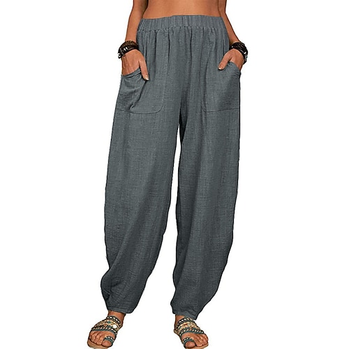 Damen Sommerhose 100% Baumwolle Baggy-Hosen Haremshose Komfort Knöchellang Natürliche Taille Einfarbig Tasche Elastischer Bund Lässig Schwarz Weiß Armeegrün Dunkelmarine Sommer Frühling Herbst Image