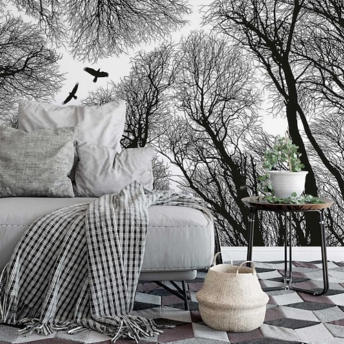 Coole Tapeten, Naturtapete, Wandbild, schwarz-weiß, abziehbares PVC/Vinyl-Material, selbstklebend/Kleber erforderlich, Wanddekoration, Wandbild für Wohnzimmer, Schlafzimmer Image