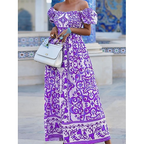 Damen kleid lang Casual kleid Boho-Kleid Kleid drucken Blumen Strassenmode Brautkleider schlicht Outdoor Täglich Urlaub Bedruckt Kurzarm Schulterfrei Kleid Regular Fit Schwarz Rosa Blau Sommer Image