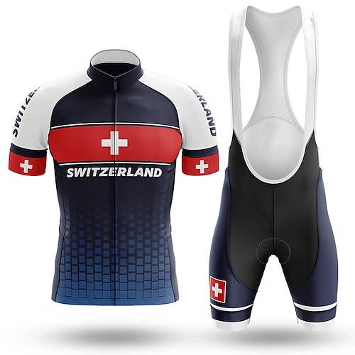 21Grams Herren Radtrikot mit Radhose kurz Trägern fahrradbekleidung set Kurzarm MTB Mountain Rennrad Dunkelmarine Schweiz Fahhrad Sportkleidung 3D-Pad Atmungsaktiv Rasche Trocknung / Elasthan / Image