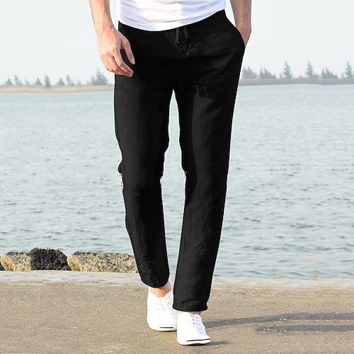 Herren Leinenhosen Hose Sommerhose Strandhose Freizeithose Kordelzug Elastischer Bund Einfach Leicht Atmungsaktiv Volle Länge Yoga Lässig Täglich Basic Schwarz Weiß Image