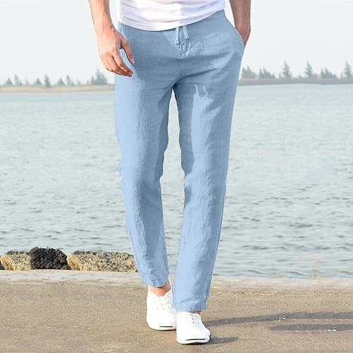 Herren Leinenhosen Hose Sommerhose Strandhose Freizeithose Kordelzug Elastischer Bund Einfach Leicht Atmungsaktiv Volle Länge Yoga Lässig Täglich Basic Schwarz Weiß Image