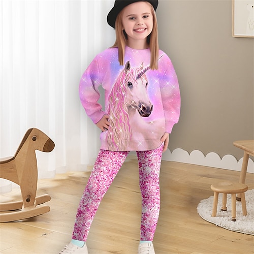 Mädchen 3D Einhorn Set aus Sweatshirt und Leggings Rosa Langarm 3D-Druck Frühling Herbst Aktiv Modisch Täglich kinderkleidung 3-12 Jahre Rundhalsausschnitt Outdoor Urlaub Verabredung Regular Fit Image