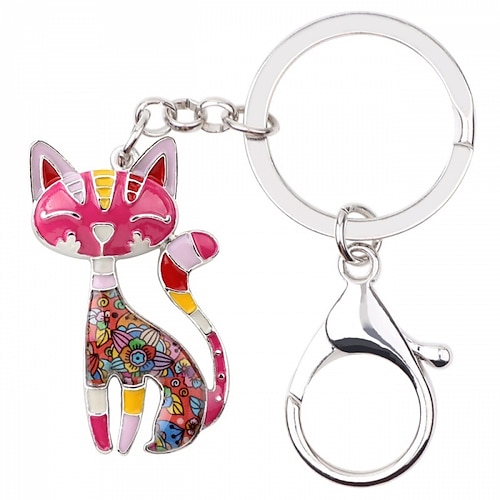 Emaille-Legierung, floral, elegantes Kätzchen, Katze, Schlüsselanhänger, Schlüsselanhänger, Tier, Haustiere, Schmuck, Geschenk für Frauen, Mädchen, Geldbörse, Handtasche, Anhänger, Zubehör