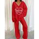 Damen-Fleece-Loungewear-Sets, Herz-Buchstabe, modisch, bequem, weich, für Zuhause, Alltag, Bett, Spandex, atmungsaktiv, V-Draht, langärmlig, T-Shirt, T-Shirt, Hose, Tasche, Herbst, Winter, Schwarz,