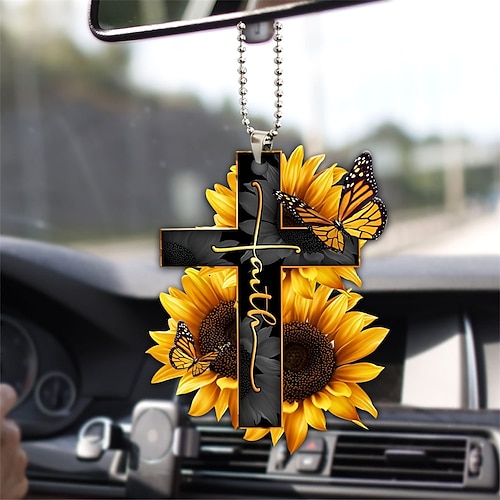 Kreuz Flügel Gott Glaube Rose rosig Schmetterling Christian Denkmal Jesus Auto Rückspiegel Zubehör Weihnachtsbaum Ornament Dekoration hängender Charme Innenrückspiegel Anhänger Dekor Geschenk Image