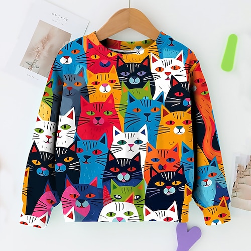 Mädchen 3D Graphic Karikatur Katze Pullover Langarm 3D-Druck Sommer Herbst Modisch Strassenmode bezaubernd kinderkleidung 3-12 Jahre Outdoor Casual Täglich Regular Fit Image