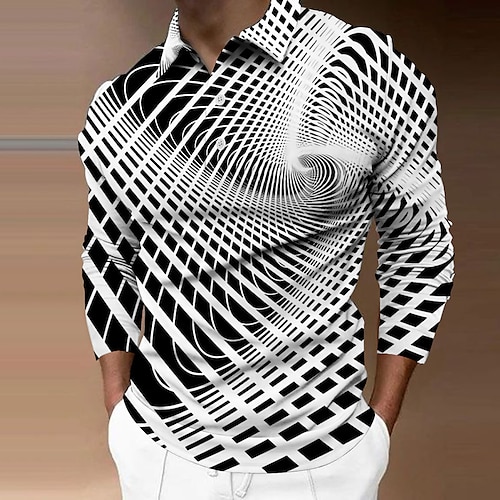 Herren Grafik Poloshirts Golfshirt Langarm Polo-Shirts Hemden mit Kragen Lässig Urlaubskleidung Rave-Kleidung Party-Outfits 3D-Druck Knöpfe Schwarz / Weiß Schwarz Schwarz Schwarz Image