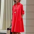 Damen-Hemdkleid, Freizeitkleid, Etuikleid, einfarbig, Knopfleiste, Tasche, Hemdkragen, Midikleid, lässig, täglich, langärmelig, Sommer, Frühling