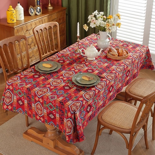 Rechteckige Tischdecke, Vintage-Blumen-Jacquard-Tischdecken mit Quasten, Baumwoll-Leinen-Tischdecken für Dinnerpartys, Dekoration im Freien Image