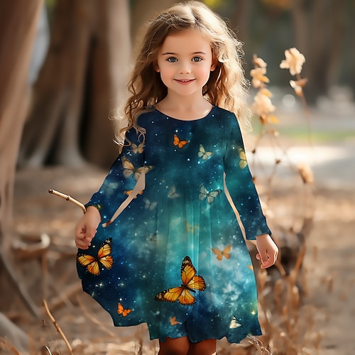 Mädchen' 3D Graphic Schmetterling Kleid Langarm 3D-Druck Sommer Frühling Herbst Urlaub Sport Natur Täglich Kuschelig Brautkleider schlicht Schön kinderkleidung 3-12 Jahre Casual kleid A Linie Kleid Image