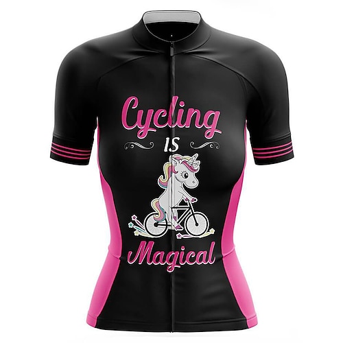 Damen Radtrikot Grafik Regenbogen Einhorn Kurzarm Fahhrad Trikot Oberteil mit 3 Gesäßtaschen Mountainbike MTB Straßenradsport Schnelltrocknend Weich Reflektierende Streifen Rückentasche Sport Image