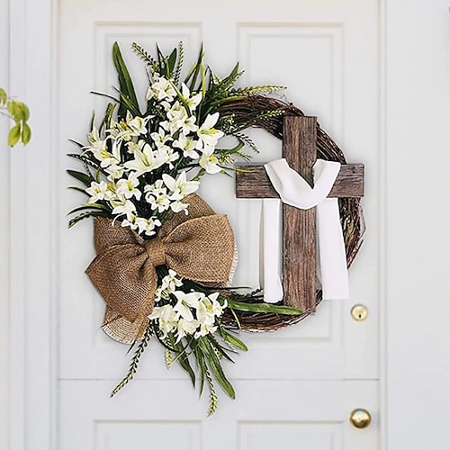 Künstlicher Osterkranz, Osterdeko, Kreuzkranz, Deko zum Aufhängen Türkranz, Kreuz Osterkranz zum Aufhängen als Frühlingsdeko Image