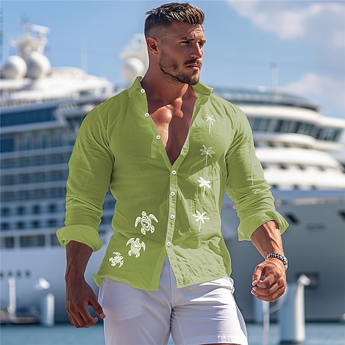 Herren Tropisch Palme Schildkröte Sommer Hawaiihemd Alohahemd Bedruckte Hemden Langarm Hemd Umlegekragen Hawaiianisch Resort Urlaub Ausgehen Strand Schwarz Weiß Grün S M L Image
