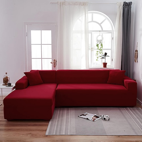 Stretch-Sofabezug, Schonbezug, weinrot, elastisch, Sofagarnitur, Sessel, Loveseat, 4- oder 4- oder 3-Sitzer, L-Form, graublau, einfarbig, weich, strapazierfähig, waschbar Image