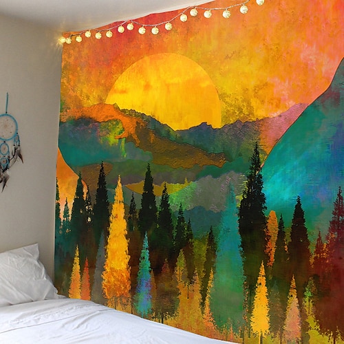 Berg Sonnenaufgang Wandteppich Kunstdekor Decke Vorhang Picknick Tischdecke hängend Zuhause Schlafzimmer Wohnzimmer Wohnheim Landschaft goldener Sonnenuntergang Wald Tinte Wandtuch XXL Natur Image